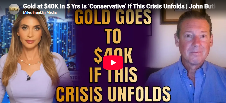 Video thumbnail with a woman and a man flanking bold yellow text reading "Gold goes to $40K if this crisis unfolds"