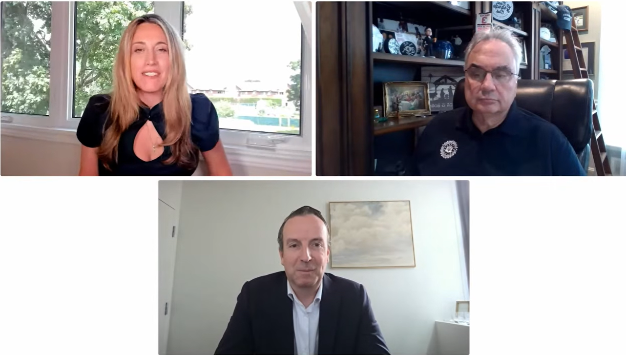 Three-panel video call showing a blonde woman by a window, a man with glasses before a bookshelf, and a man in a suit