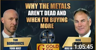 Video thumbnail showing host Tom Bodrovics and Rick Rule with text 'Why the metals aren't dead and when I'm buying more.'