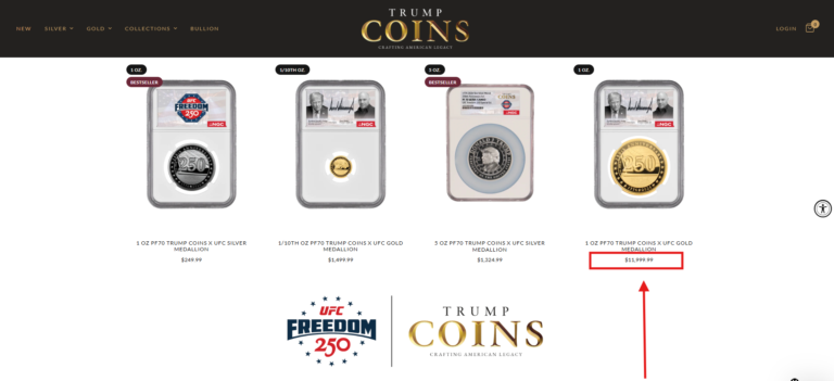 Trump Coins website listing four UFC-branded collectible coins, with the 1 oz gold medallion's $11,999.99 price highlighted