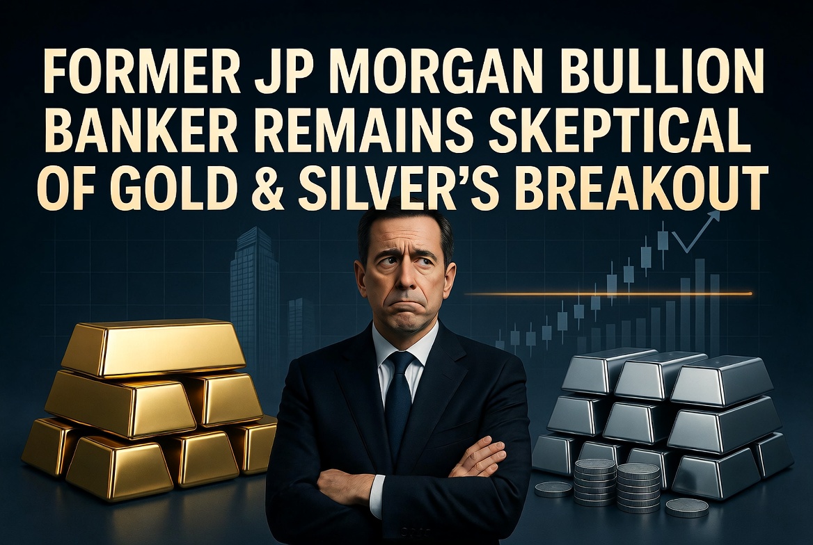 Frowning suited man with crossed arms between stacks of gold and silver bars, rising chart behind