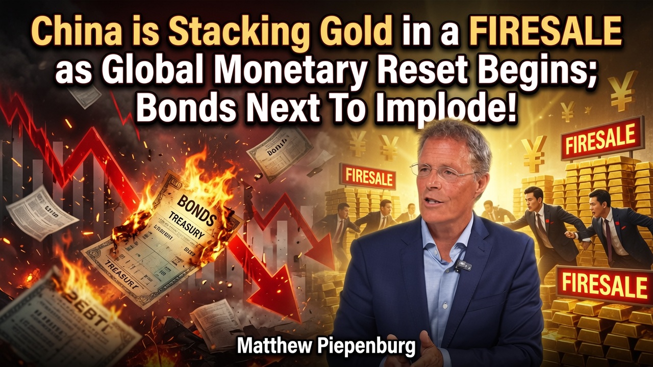 Matthew Piepenburg in a blue suit before burning Treasury bonds, red downward arrows, gold bars, and FIRESALE signs.