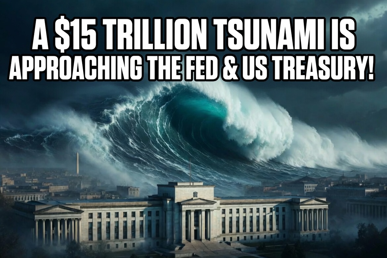 Huge wave towers over Washington D.C. buildings under text: 'A $15 trillion tsunami is approaching the Fed & US Treasury!'