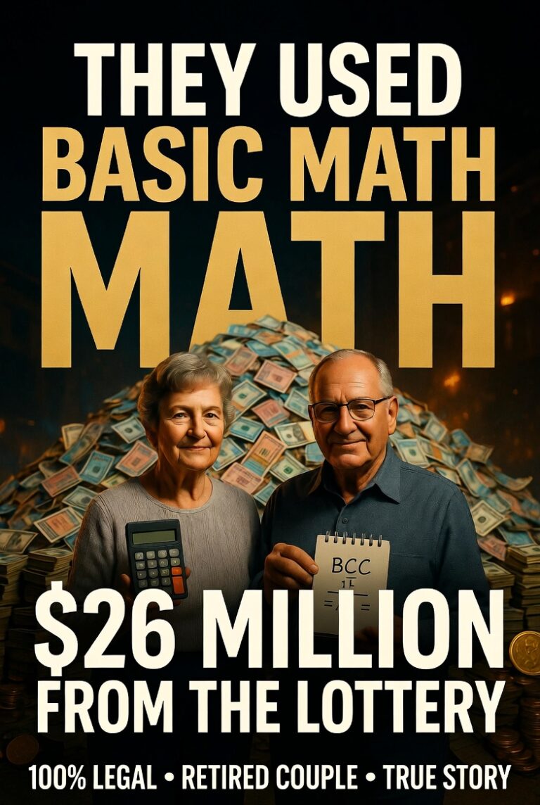 Illustrated older couple holding a calculator and notepad before a pile of cash, with '$26 Million From the Lottery' text.