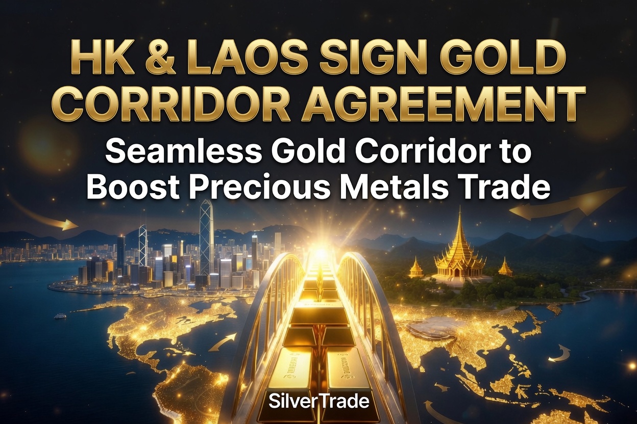 Golden bridge linking a skyline and temple over a glowing map, with text: 'HK & Laos Sign Gold Corridor Agreement'