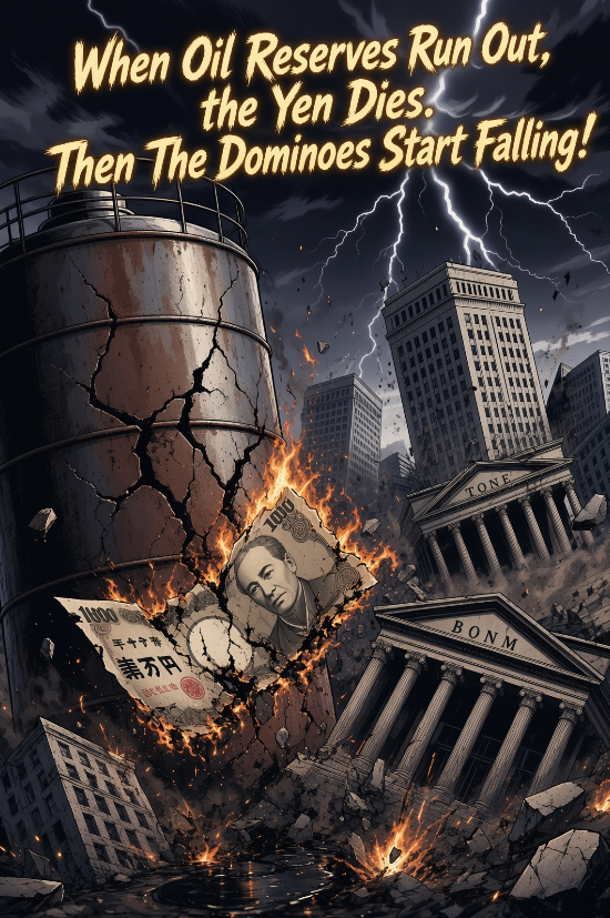 Illustration of a cracked oil tank, burning yen banknotes and collapsing buildings under a lightning storm.