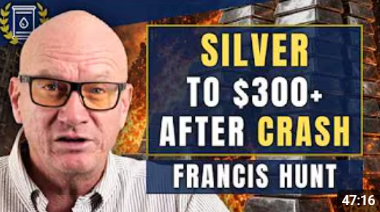 Bald man in glasses beside bold text reading "Silver to $300+ After Crash" and "Francis Hunt" over flames