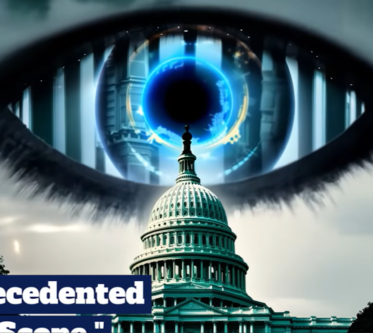 US Capitol dome beneath a giant eye with a glowing blue iris, partial text overlay at lower left