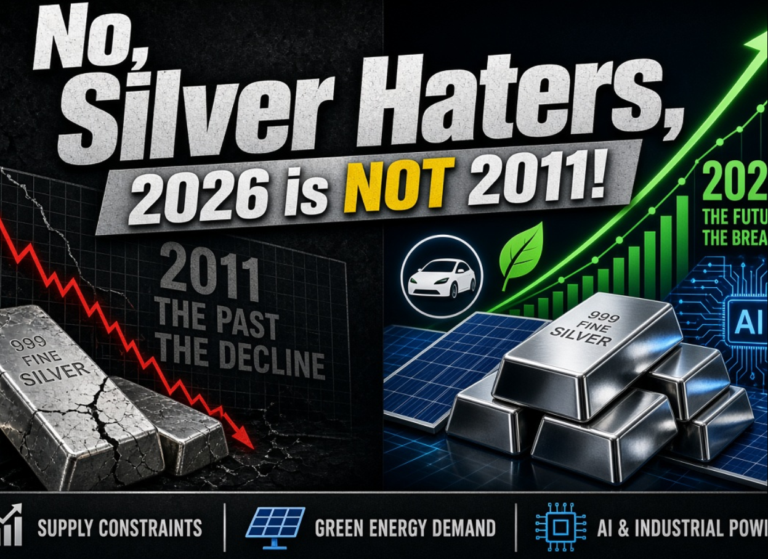 Split graphic: cracked silver bar with falling red 2011 chart versus stacked silver bars with a rising green chart.