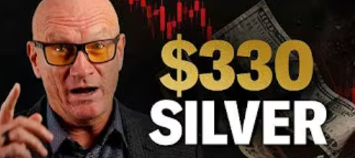 Bald man in yellow-tinted glasses gestures beside bold "$330 SILVER" text, with dollar bills and a red falling chart behind.