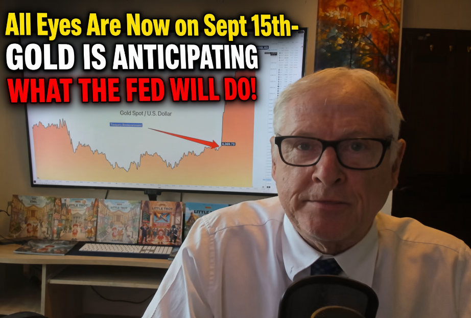 Man with glasses and tie before a screen showing a gold price chart and text reading 'All Eyes Are Now on Sept 15th'