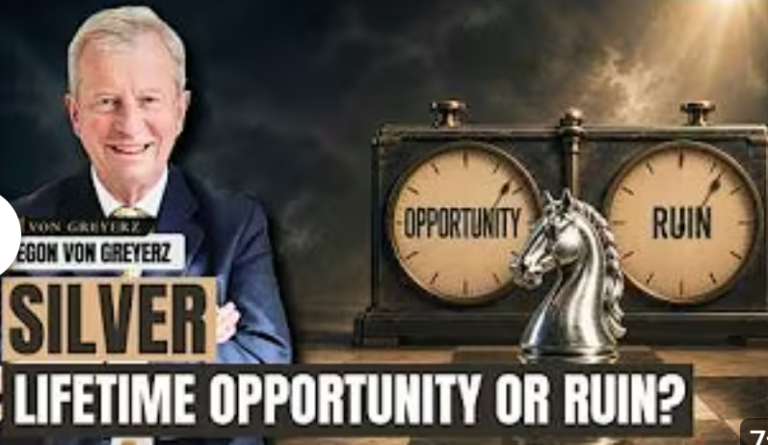 Egon von Greyerz beside a chess clock labeled Opportunity and Ruin with a silver knight chess piece