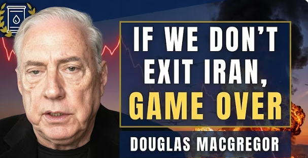 Douglas Macgregor beside text reading 'If we don't exit Iran, game over' over flames and a falling red graph line