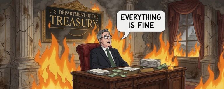 Cartoon of a suited man at a desk in a burning U.S. Treasury office, saying "Everything is fine"