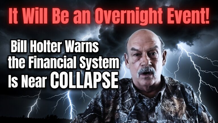 Bill Holter in a camouflage shirt before a stormy sky with lightning, beside text warning of financial collapse